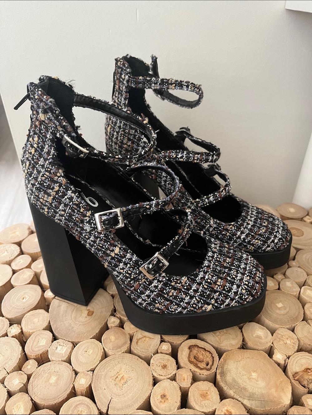 Mix No. 6 Black Tweed Platform Mary Jane Heels with Strappy Buckles